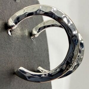 Silver Tone Earrings Shiny Hammered Hoop Pierced